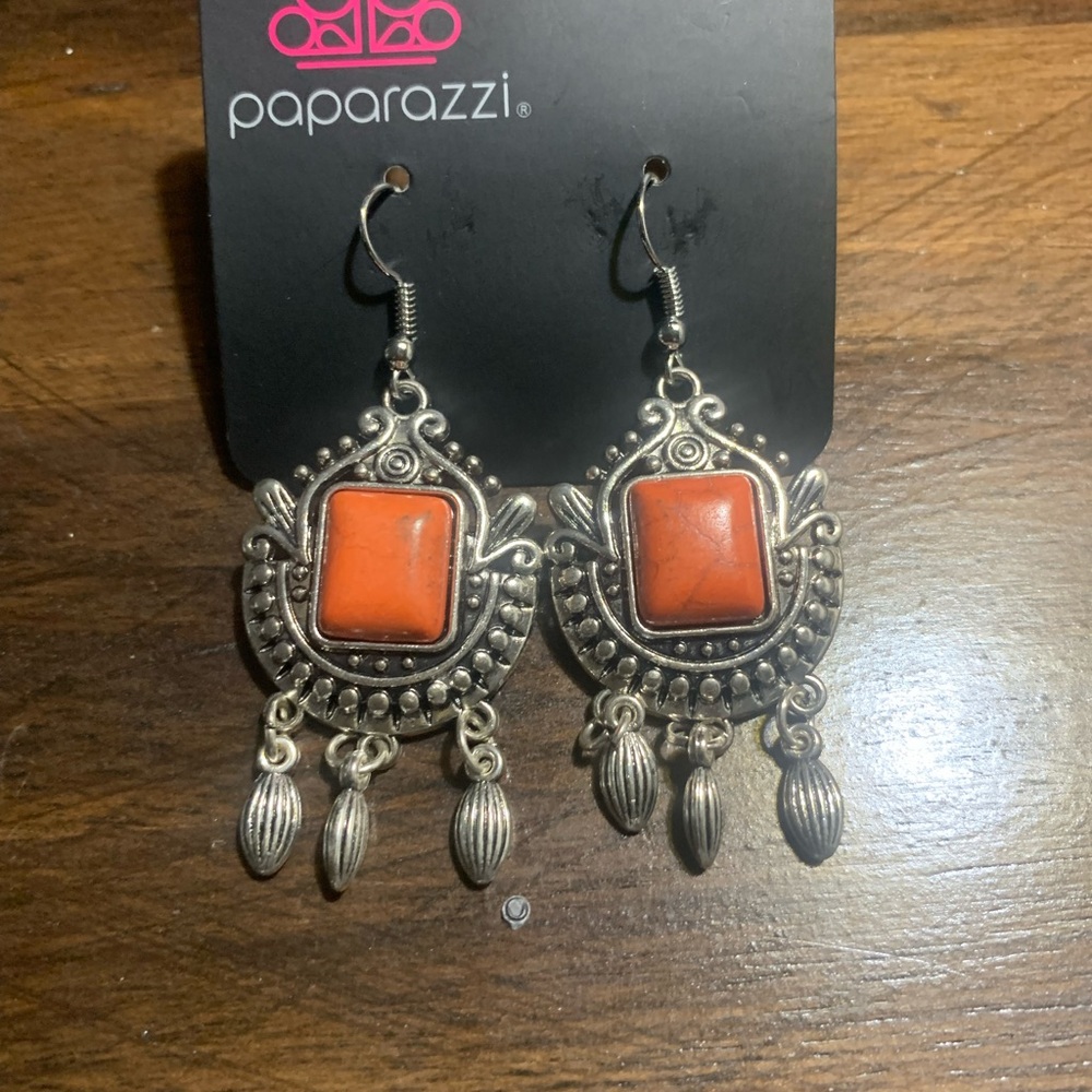 Paparazzi Ornate Silver and Orange Earrings
